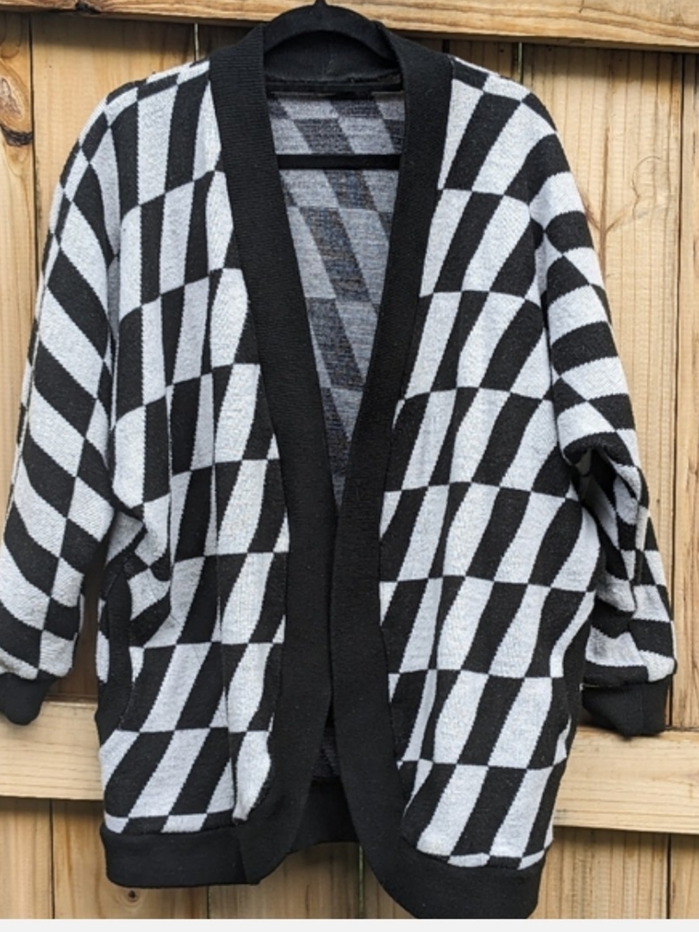 Vintage Black & White Checker Geometric Open-Front Cardigan